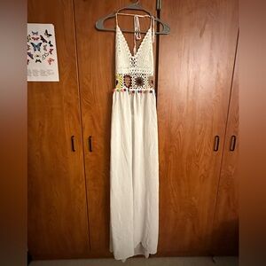 White backless Maxi Dress with Crochet Top and Colorful Pom Poms